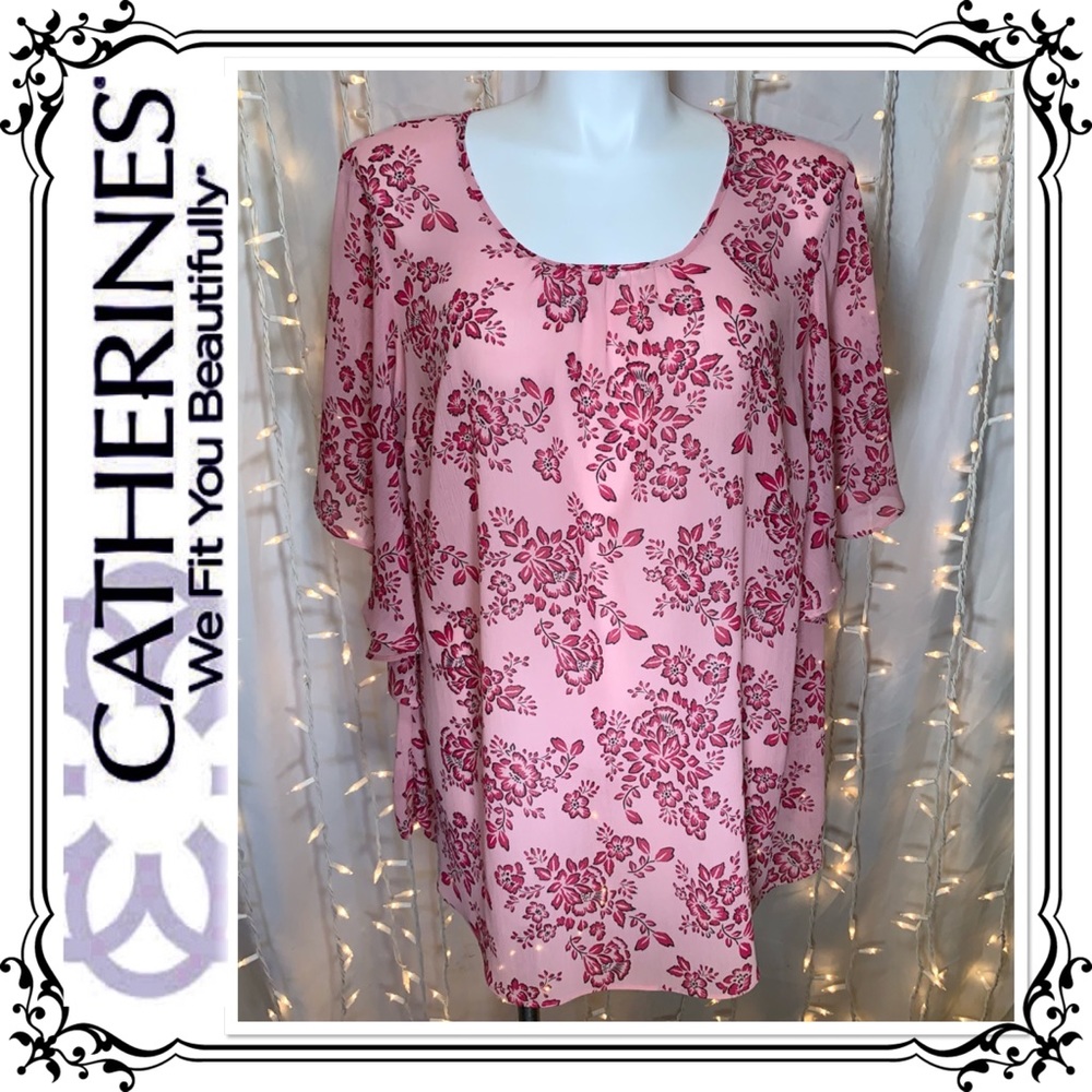 CATHERINES ⭐️ Sheer Pink Floral Angel Wing Sleeve Blouse